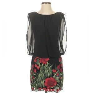 Floral embroidered black and red mini dres